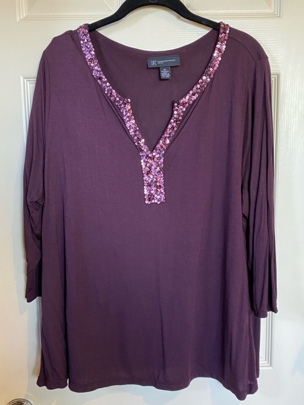 INC International Concepts Plum Long Sleeve V-Neck Top with Sequin Trim